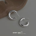Silver Tone Thick Smooth Hollow Hoop Stud Earrings Pair view 6