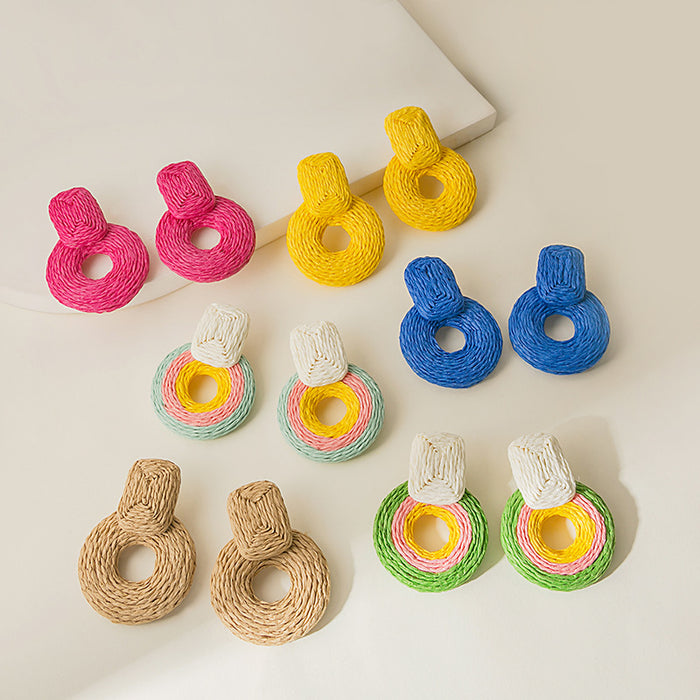 Twelve Color Woven Circle Statement Dangle Stud Earrings