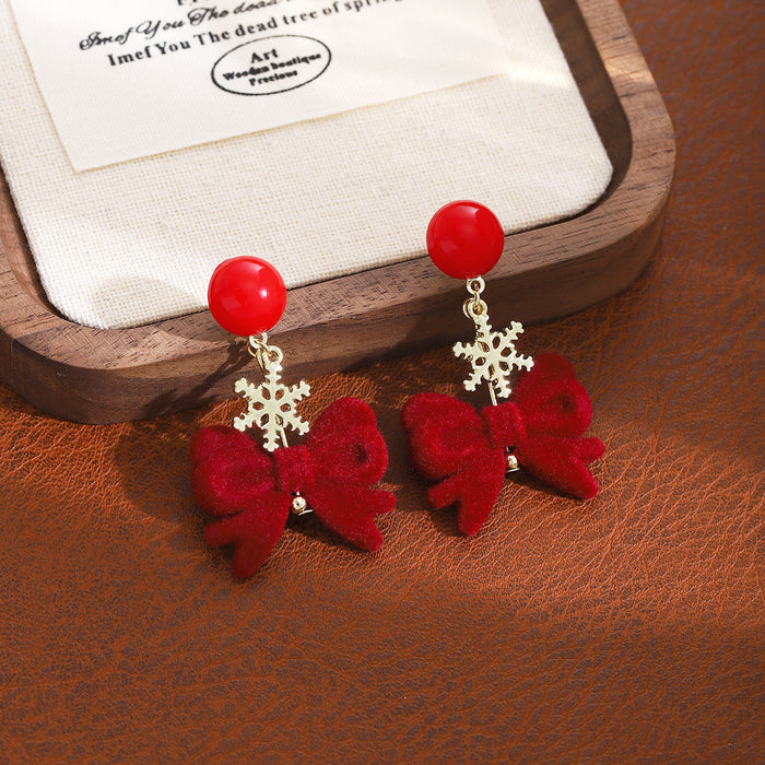 Red Flocked Bow Snowflake Long Dangle Stud Earrings