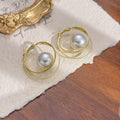 Gold Swirl Hoop and White Pearl Look Ball Earrings view 6