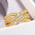 Gold Tone Cross Over Rope Texture Pave Band Finger Ring view 2