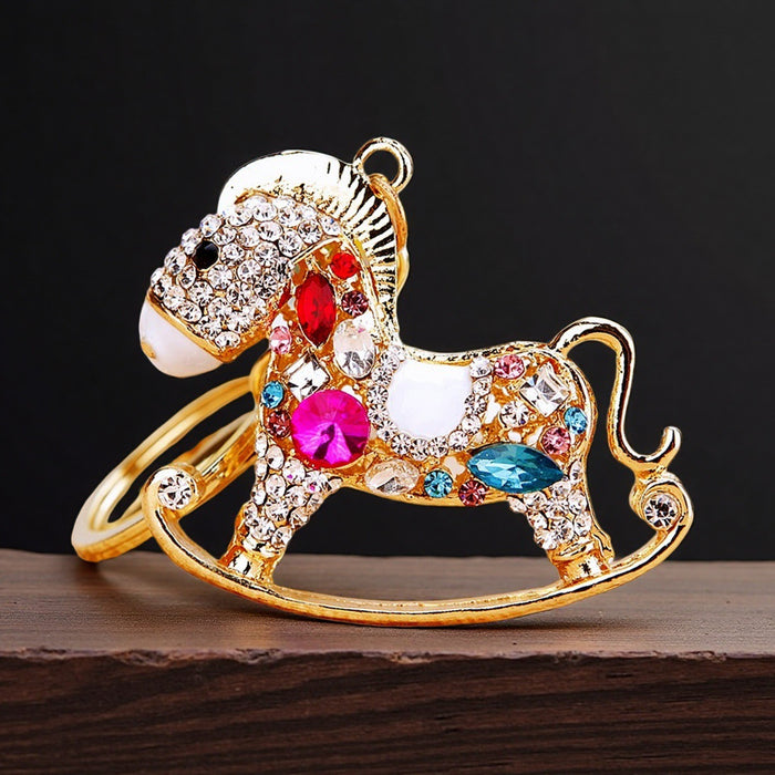 Jeweled Rocking Horse Keychain with Multicolor Faceted Stones