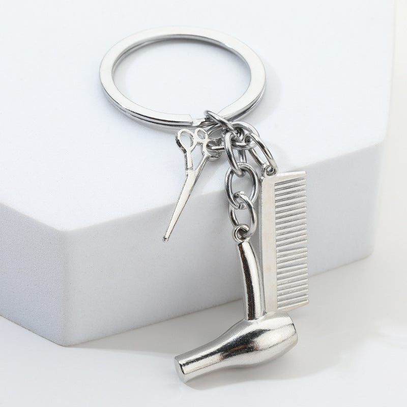 Hair Salon Tools Alloy Keychain with Scissors Comb and Hair Dryer