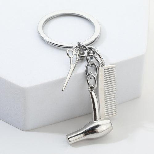 Hair Salon Tools Alloy Keychain with Scissors Comb and Hair Dryer