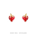 Red Enamel Strawberry Stud Earrings Gold Dots Crystal Leaves view 1