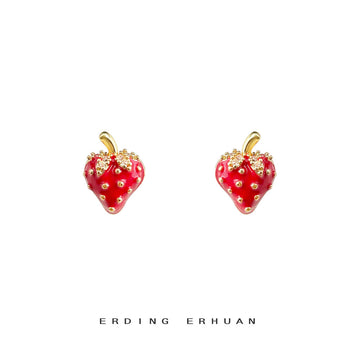 Red Enamel Strawberry Stud Earrings Gold Dots Crystal Leaves
