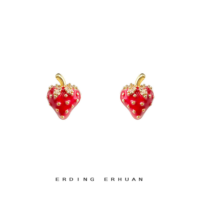Red Enamel Strawberry Stud Earrings Gold Dots Crystal Leaves