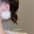 Red Fabric Stud Earrings With White Pom Pom Drops For Distinctive Statement Styling view 4