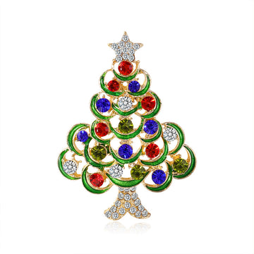 Green Gold Tone Christmas Tree Crystal Metal Brooch Pin