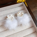 White Pom Pom Drop Earrings with Layered Flower Studs view 6
