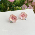 Pink Layered Flower And Green Leaf Stud Earrings For Women view 3