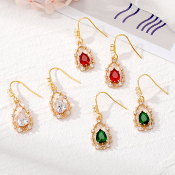 Gold Tone Crystal Teardrop Hook Earrings in Green Red and Clear