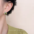 Gold Tone Dark Green Oval Stone Clear Halo Stud Earrings view 2