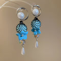 Blue Fabric Flower Earrings With Pearl And Teardrop Accents view 7
