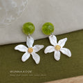 Green Resin Stud White Flower Drop Earrings Gold Center view 6