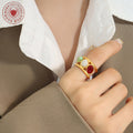 Gold Open Ring With Green White Red Glass Cabochons view 3