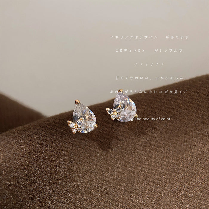 Gold Tone Teardrop Clear Stone Butterfly Stud Earrings