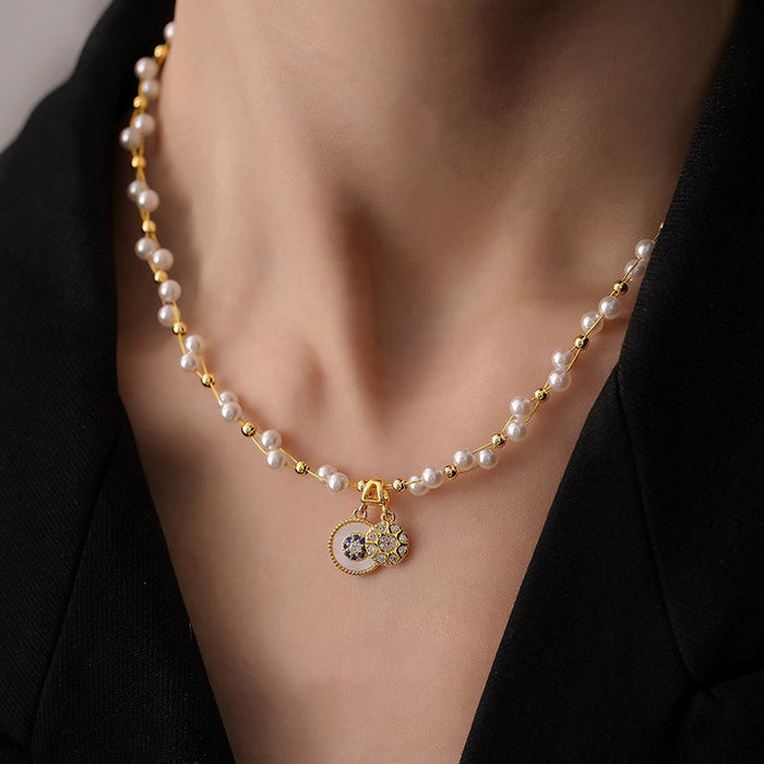 Gold Tone Star and Pearl Beaded Necklace Decorative Jewelry Design