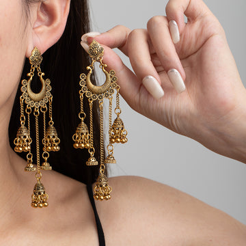 Gold and Silver Ornate Crescent Bell Long Earrings