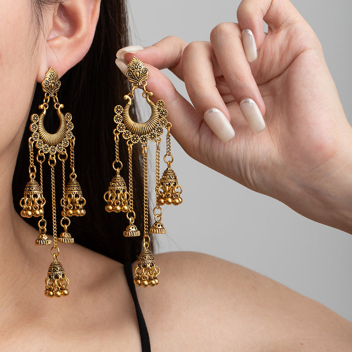 Gold and Silver Ornate Crescent Bell Long Earrings