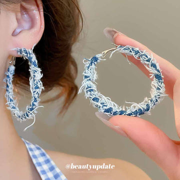 Oversized Frayed Blue and White Denim Look Hoop Earrings