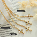 Gold Tone Faux Pearl Cross Pendant Necklace Cable Chain view 2