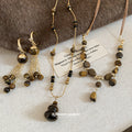 Tiger Eye Gourd Necklace Cord Bead Collar Gold Tassel Hoops view 1
