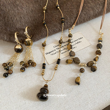 Tiger Eye Gourd Necklace Cord Bead Collar Gold Tassel Hoops