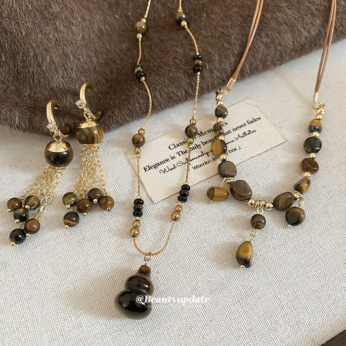 Tiger Eye Gourd Necklace Cord Bead Collar Gold Tassel Hoops