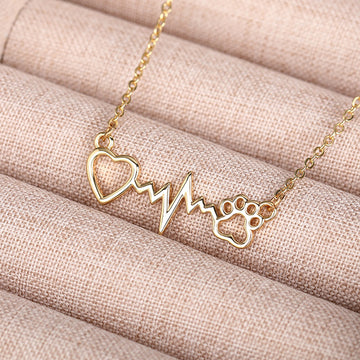 Heart Heartbeat Paw Print Pendant Necklace Gold Silver