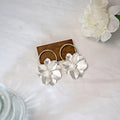 White Petal Gold Hoop Double Flower Statement Earrings view 2