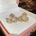 Crystal Flower Pearl Clip-On Stud Earrings with Polished Metal Details view 7