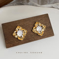 Gold Floral Clear Crystal Geometric Stud Clip Earrings view 7