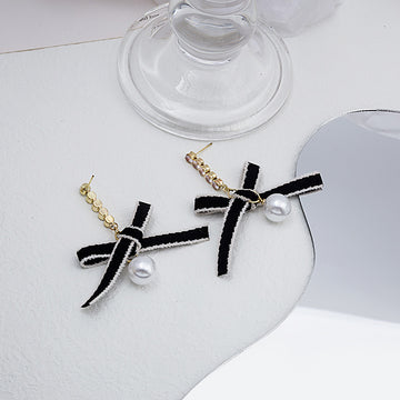 Brown Ribbon Bow Pearl Drop Earrings Crystal Bar Post