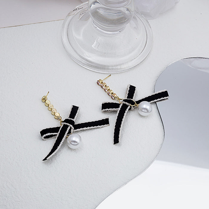Brown Ribbon Bow Pearl Drop Earrings Crystal Bar Post