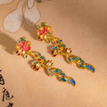 Colorful Floral Vine Gold Tone Extra Long Stud Earrings view 4