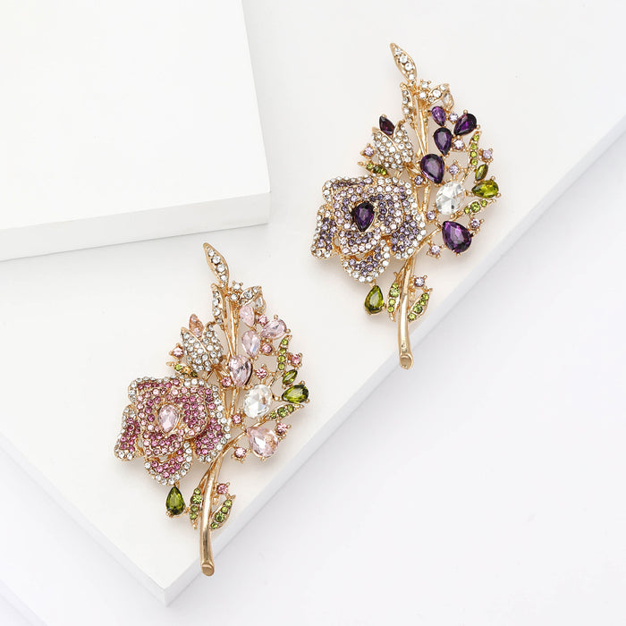 Crystal Rose Bouquet Brooch in Pink or Purple Jewel Tones
