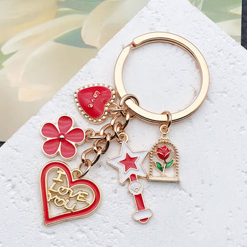 Red Rose Heart Wand and Lipstick Metal Keychain Set