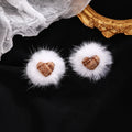 Brown and White Plush Heart Center Round Stud Earrings view 4