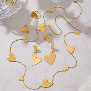 Gold Brushed Stainless Steel Heart Ring Earrings Long Necklace