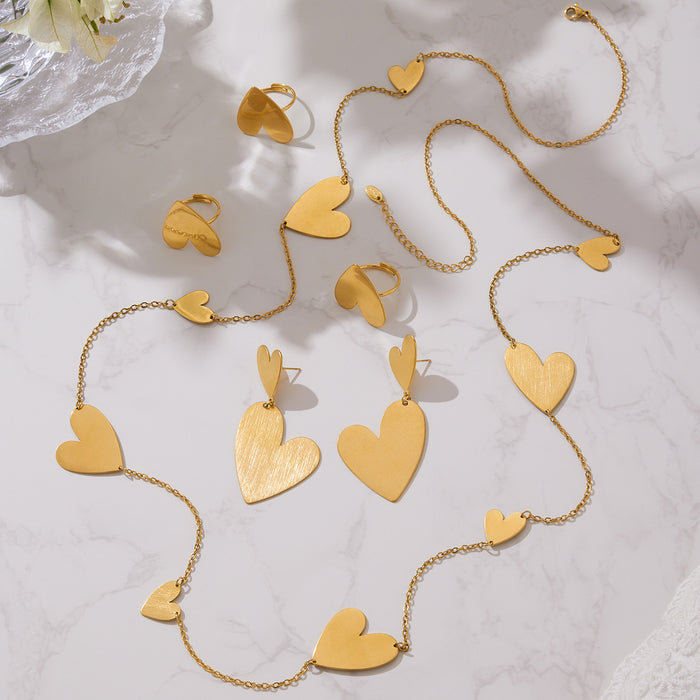 Gold Brushed Stainless Steel Heart Ring Earrings Long Necklace