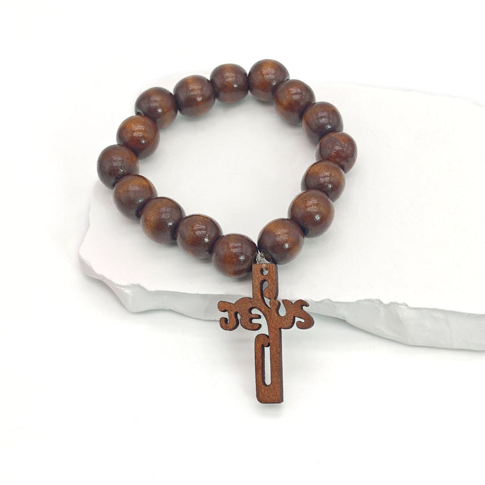 Coffee Wood Bead Stretch Bracelet Jesus Cross Charm