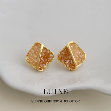 Gold Tone Orange And Clear Crushed Crystal Square Stud Earrings