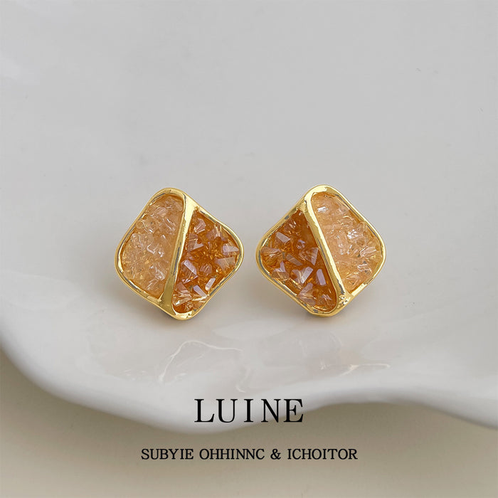 Gold Tone Orange And Clear Crushed Crystal Square Stud Earrings