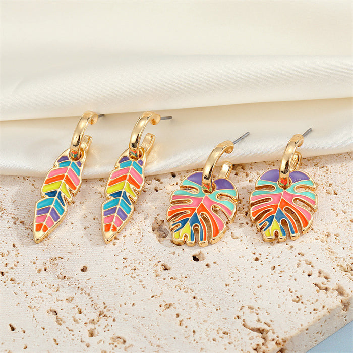 Gold Tone Multicolor Enamel Tropical Leaf Hoop Earrings in Two Shapes