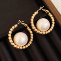 Gold Tone Textured Hoop Earrings With Oversized Pearl Centers view 6