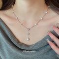 Silver Y Pearl Necklace Teardrop Pearl Crystal Flower view 3