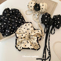 Polka Dot Satin Bow Claw Clips Ribbon Tails Black Cream view 3