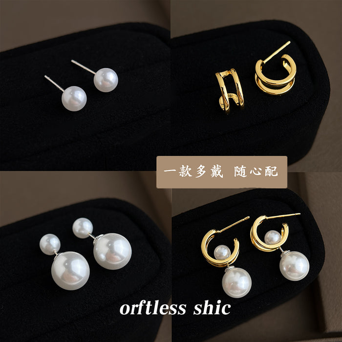 Gold Tone Huggie Hoop Earrings With Detachable Large White Pearl Drops