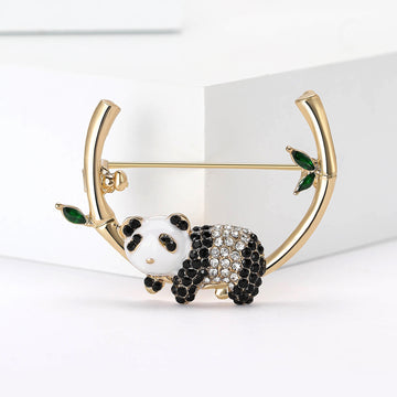 Gold Tone Rhinestone Panda Brooch Bamboo Frame Enamel Pin